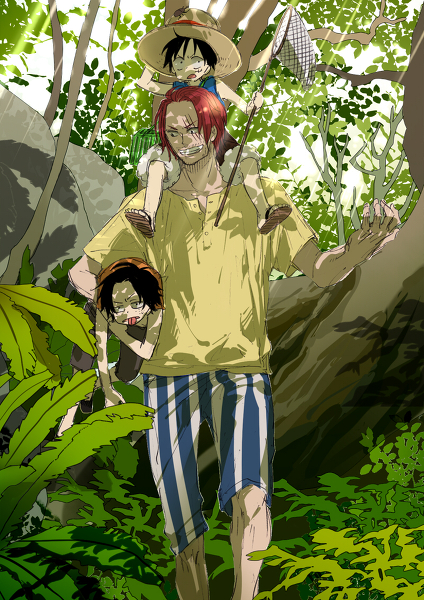 3boys black_hair brother brothers bush carry carrying east_blue family forest freckles hat jungle light_rays male male_focus mojisan monkey_d_luffy multiple_boys nature net one_piece outdoors pants pixiv_thumbnail plant plants portgas_d_ace red_hair resized scar shanks shoulder_perch shueisha siblings straw_hat striped striped_pants tongue tree