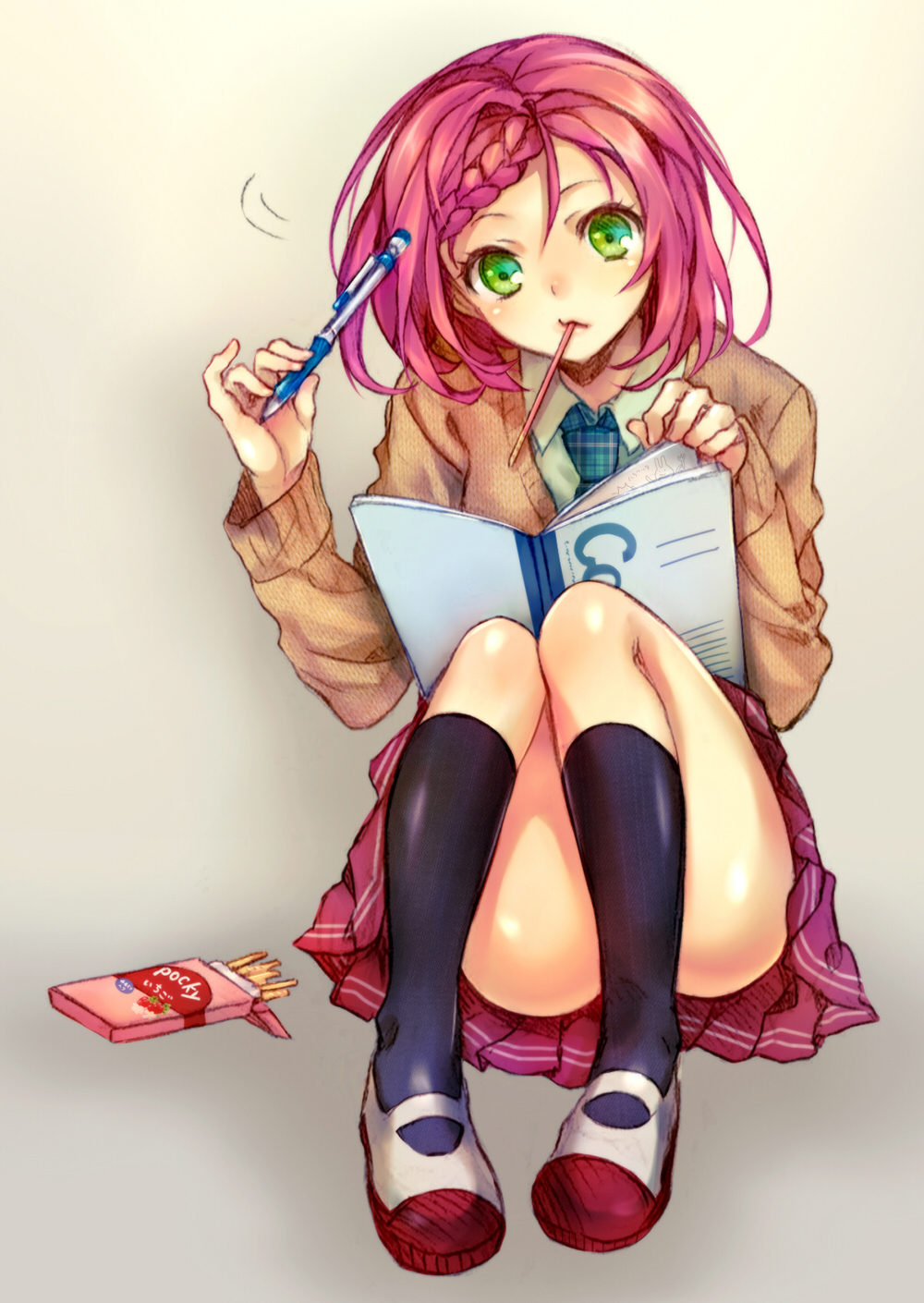 bad_id bad_pixiv_id book braid convenient_leg desk food french_braid green_eyes highres madogawa mouth_hold necktie open_book original pencil pink_hair pinky_out plaid plaid_neckwear pocky reading school_desk shoes short_hair sitting skirt solo strawberry_pocky uwabaki