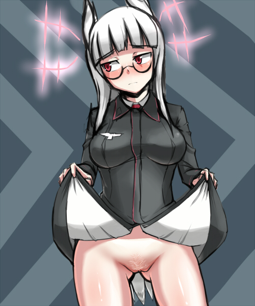blush breasts glasses heidimarie_w_schnaufer hirschgeweih_antennas large_breasts long_hair military military_uniform no_panties pubic_hair pussy red_eyes solo strike_witches the-k uniform white_hair world_witches_series