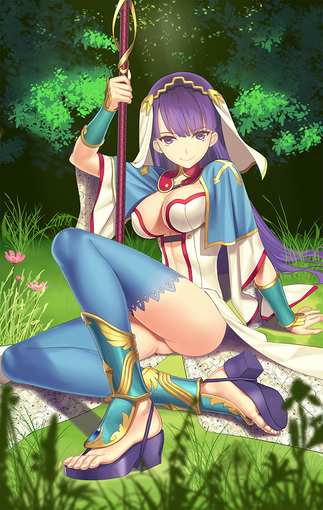1girl arm_support armor ass bangs blue_legwear breasts capelet cleavage closed_mouth commentary_request cross_print detached_leggings eyebrows_visible_through_hair fate/grand_order fate_(series) full_body grass high_heels holding holding_weapon lace lace-trimmed_legwear large_breasts long_hair looking_at_viewer no_panties on_ground outdoors purple_eyes purple_hair revision saint_martha sitting smile solo staff straight_hair thighhighs tsukikanade type-moon vambraces veil very_long_hair weapon wide_sleeves