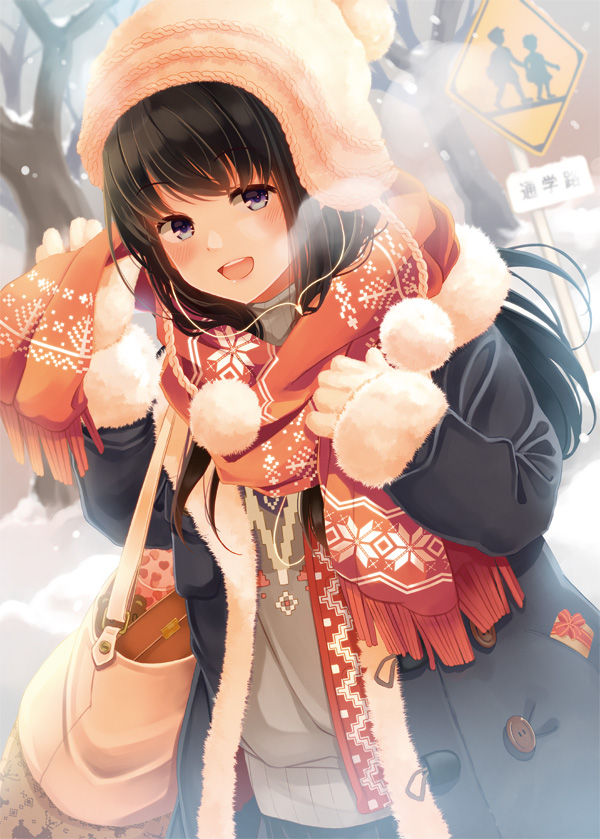 1girl :d bag bangs bare_tree beanie black_coat black_hair blue_eyes blush breath cable case coat commentary_request day earphones enpera eyebrows_visible_through_hair fur-trimmed_coat fur_trim gloves hands_up hat heart long_coat long_hair looking_at_viewer niichi_(komorebi-palette) open_clothes open_coat open_mouth original outdoors pom_pom_(clothes) red_scarf scarf shoulder_bag sign smile snow snowing solo sweater tree upper_body upper_teeth white_gloves white_hat winter winter_clothes
