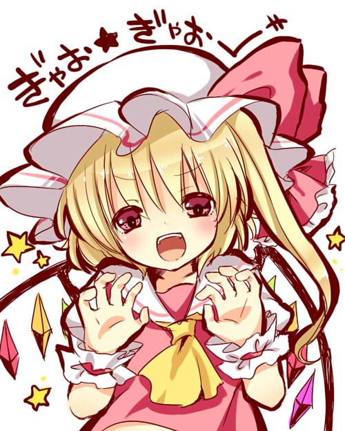 :d ascot blonde_hair blush flandre_scarlet hat hat_ribbon irori jpeg_artifacts looking_at_viewer open_mouth red_eyes ribbon side_ponytail sketch smile solo star touhou wings wrist_cuffs