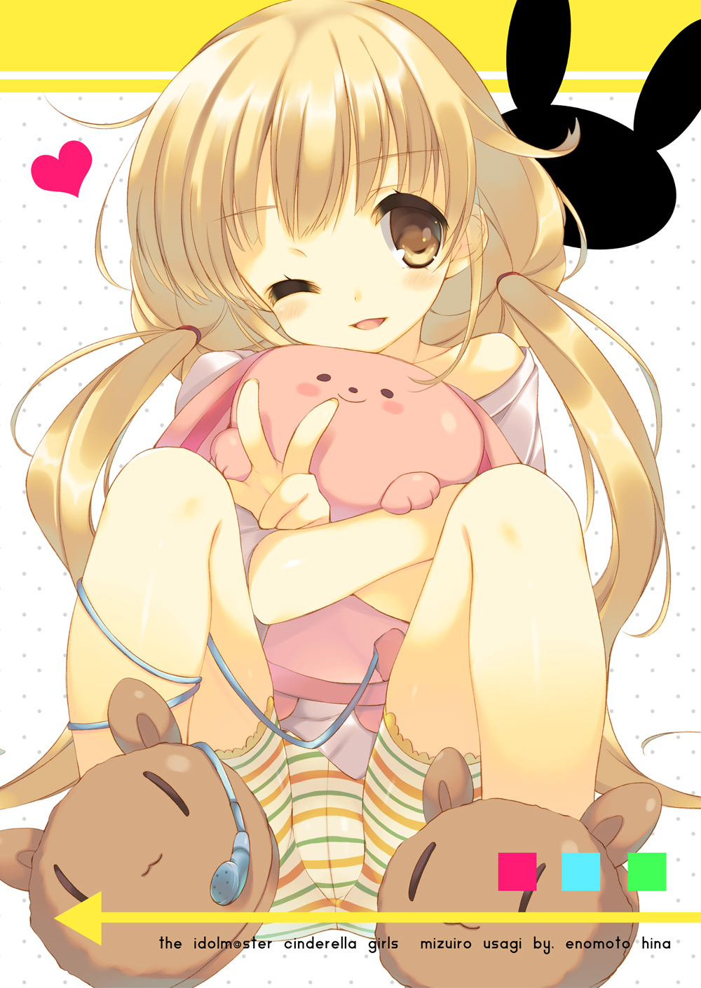 ;d animal_slippers artist_name bike_shorts blonde_hair blush copyright_name cover cover_page doll_hug earbuds earphones earphones_removed enomoto_hina futaba_anzu highres holding idolmaster idolmaster_cinderella_girls long_hair multicolored multicolored_stripes one_eye_closed open_mouth smile solo striped striped_bike_shorts stuffed_animal stuffed_bunny stuffed_toy twintails v yellow_eyes
