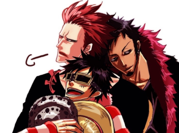 3boys black_hair clothing_swap clothing_switch cosplay costume_switch eustass_captain_kid fur_trim goggles hat jacket male male_focus monkey_d_luffy multiple_boys one_piece pixiv_thumbnail red_hair resized scar straw_hat striped_clothes trafalgar_law