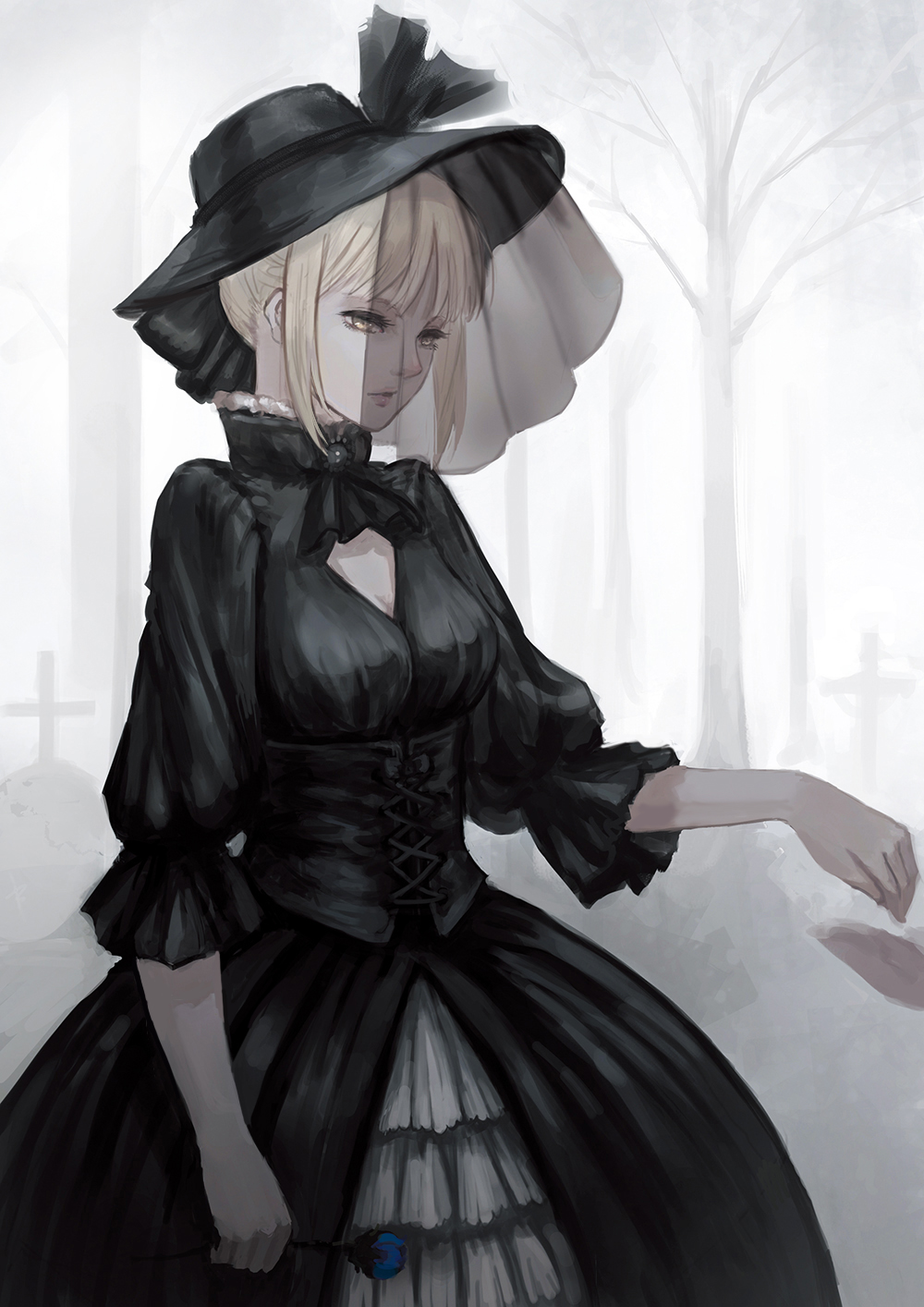 adapted_costume ahoge artoria_pendragon_(all) blonde_hair blue_flower blue_rose bryanth corset dress fate/hollow_ataraxia fate/stay_night fate_(series) flower gothic_lolita gown hair_ribbon hat highres lolita_fashion pale_skin ribbon rose saber_alter solo veil yellow_eyes