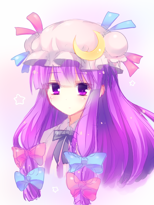 bad_id bad_pixiv_id bow crescent hair_bow hasune hat long_hair patchouli_knowledge purple_eyes purple_hair ribbon sketch solo striped touhou upper_body vertical_stripes white_background