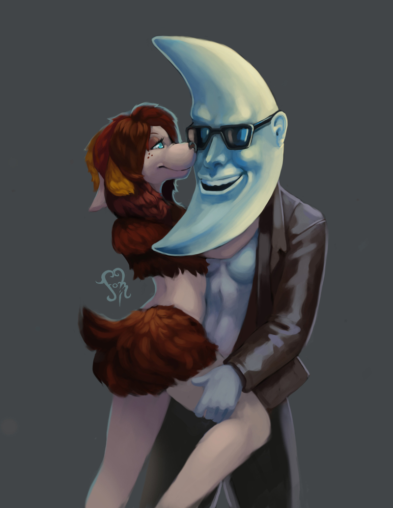 billie_jean blue_eyes brown_fur canine creature crescent_moon cuddling dog duo eyewear fanart female freckles fur furless hair johedveigd mac_tonight male mammal mcdonalds moon multi-colored_hair necktie nude red_hair romantic suggestive sunglasses unknown_species