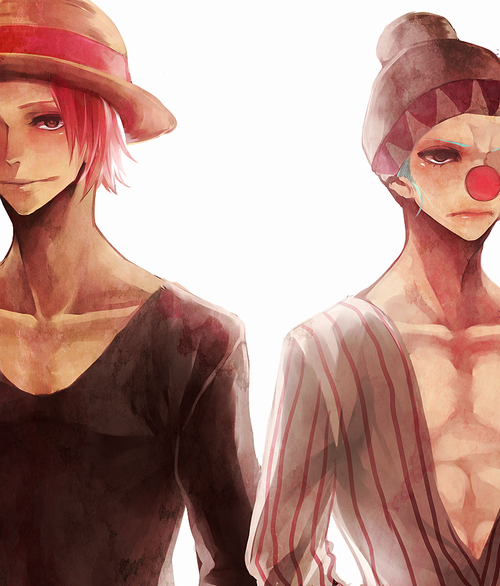 2boys akizuki_hakuto blue_hair buggy_the_clown hat male male_focus multiple_boys one_piece pirate pixiv_manga_sample red_hair shanks shirt straw_hat striped striped_shirt white_background young younger