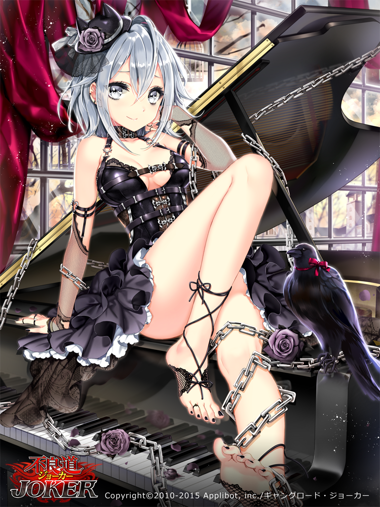 1girl ankle_lace-up arm_support bare_shoulders barefoot belt bird birdcage black_dress black_nails breasts breasts_apart cage chains closed_mouth cocoon_(loveririn) commentary_request cross-laced_footwear day detached_sleeves dress ear_piercing feet feet_out_of_frame flower furyou_michi_~gang_road~ hair_between_eyes hair_flip hand_in_hair hand_up hat hat_flower indoors instrument jewelry knee_up korean_commentary lace large_breasts layered_dress legs light_particles looking_at_viewer mini_hat nail_polish official_art piano piercing purple_flower purple_rose reflection ring rose see-through short_hair silver_eyes silver_hair sitting sleeveless sleeveless_dress smile soles solo toe_ring toenail_polish toes window