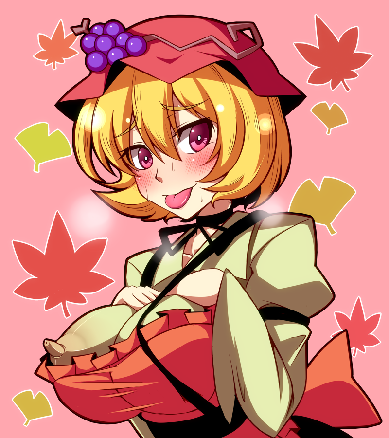 :p aki_minoriko blonde_hair blush breasts covered_nipples food fruit grapes hat huge_breasts impossible_clothes nipples red_eyes rinmei solo suspenders tongue tongue_out touhou