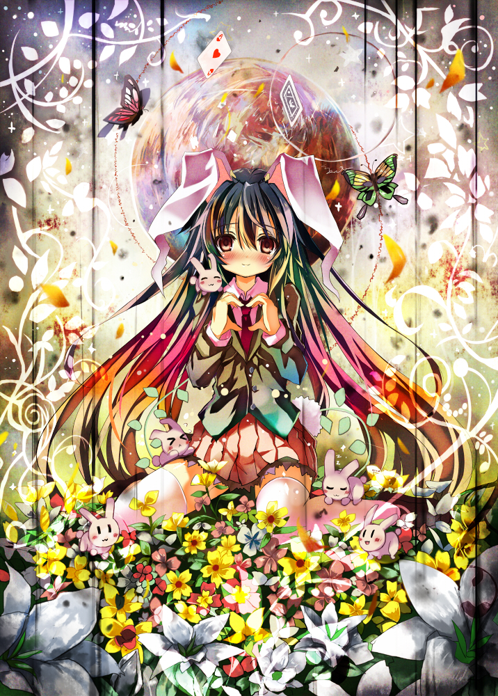 animal animal_ears bug bunny bunny_ears butterfly card floating_card flower heart heart_hands insect long_hair moon multicolored_hair reisen_udongein_inaba revision shino_(eefy) sitting skirt solo thighhighs touhou