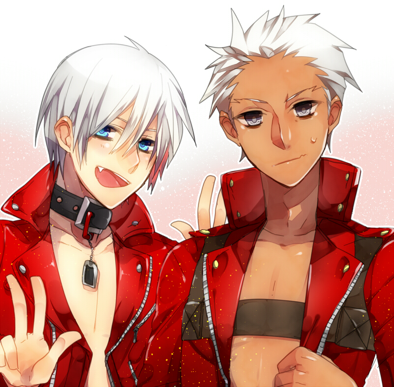 archer blue_eyes collar cosplay costume_switch crossover dante_(devil_may_cry) devil_may_cry devil_may_cry_3 fang fate/extra fate/extra_ccc fate_(series) grey_eyes haine_(howling) jacket leather leather_jacket look-alike multiple_boys open_clothes open_jacket red_jacket silver_hair sweatdrop white_hair