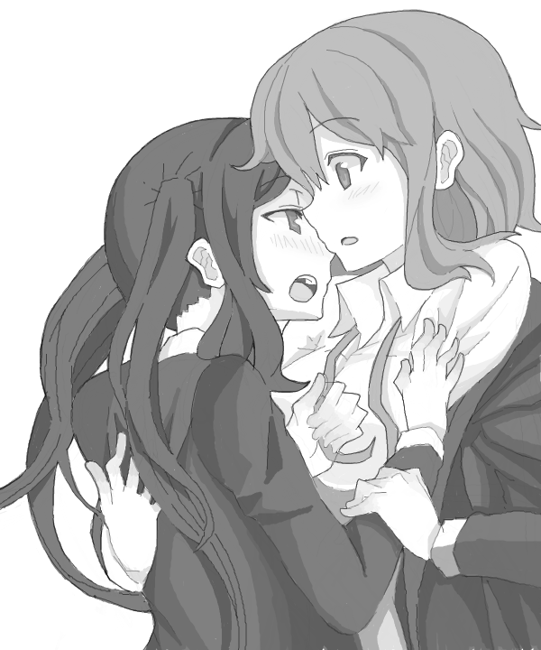 blush greyscale hirasawa_yui k-on! kuzu_kow long_hair monochrome multiple_girls nakano_azusa open_mouth round_teeth sakuragaoka_high_school_uniform school_uniform short_hair simple_background teeth white_background yuri