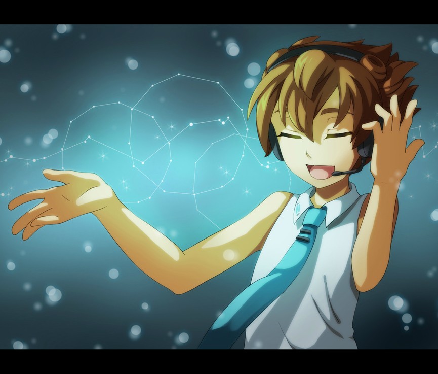 bad_id bad_pixiv_id brown_hair closed_eyes cosplay cr72 hatsune_miku hatsune_miku_(cosplay) headset inazuma_eleven_(series) inazuma_eleven_go letterboxed male_focus matsukaze_tenma necktie open_mouth sleeveless solo vocaloid