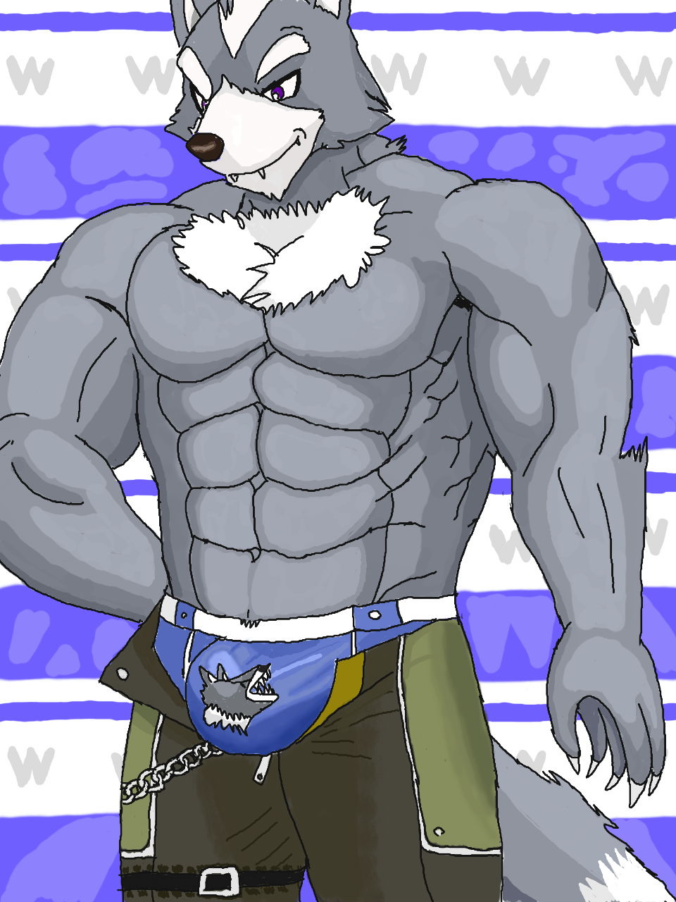 anthro big black_nose bulge canine claws clothed clothing fox giant half-dressed hot huge male mammal muscleartguy muscles nintendo o'donnell pecs purple_eyes smirk solo speedo star star_fox swimsuit topless underwear video_games wolf wolf_o'donnell