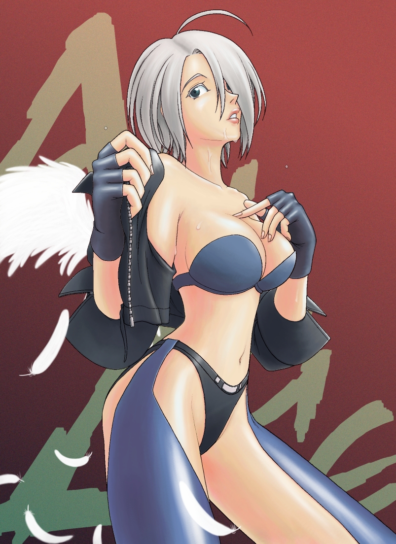 ahoge angel_(kof) blue_eyes bra breasts chaps cropped_jacket fingerless_gloves gloves greif hair_over_one_eye jacket large_breasts leather leather_jacket midriff navel panties short_hair solo strapless strapless_bra sweat the_king_of_fighters underwear undressing white_hair