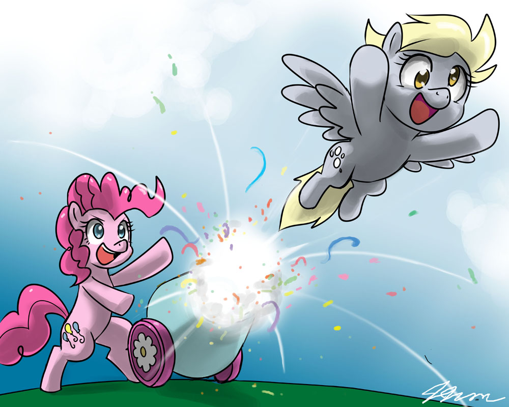 blonde_hair blue_eyes cannon cutie_mark derp_eyes derpy_hooves_(mlp) duo equine female feral flying friendship_is_magic fur grass hair horse john_joseco mammal my_little_pony outside party_cannon pegasus pink_fur pink_hair pinkie_pie_(mlp) pony sky wings yellow_eyes