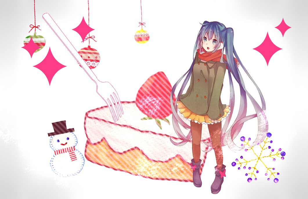 bad_id bad_pixiv_id blue_eyes blue_hair cake clow coat earmuffs food fork hatsune_miku long_hair open_mouth pantyhose red_scarf scarf solo twintails very_long_hair vocaloid