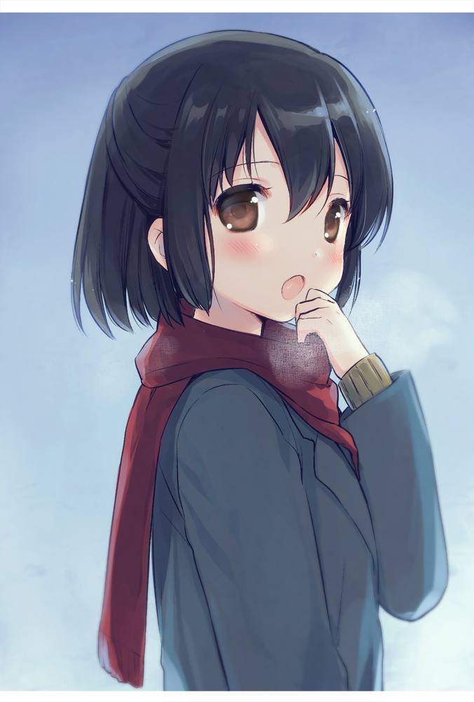 :o black_hair blush breath brown_eyes character_request coat copyright_request half_updo open_mouth scarf short_hair solo usashiro_mani