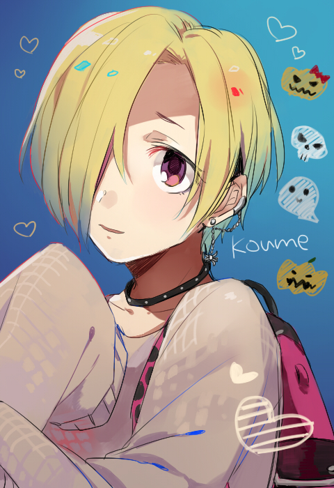annmitu89 bag blonde_hair bug chain choker earrings face hair_over_one_eye heart idolmaster idolmaster_cinderella_girls jewelry looking_at_viewer open_mouth red_eyes shirasaka_koume short_hair sleeves_past_fingers sleeves_past_wrists smile solo spider