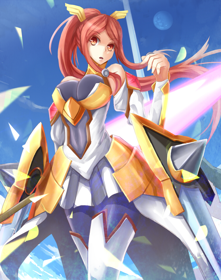 armor armored_dress bad_id bad_pixiv_id bare_shoulders black_legwear blazblue blazblue:_chronophantasma boots breasts detached_sleeves faulds hair_ornament hair_tubes izayoi_(blazblue) large_breasts long_hair pantyhose ponytail red_hair shield skirt solo thigh_boots thighhighs tsubaki_yayoi very_long_hair wakame_mi