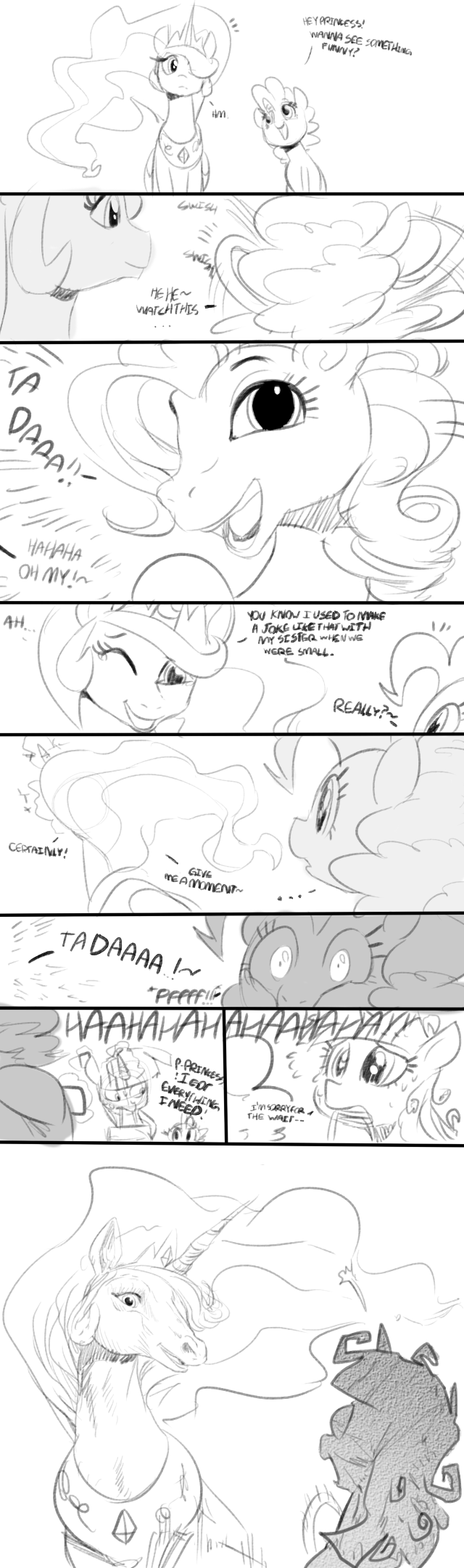 black_and_white comic crown dialog dialogue english_text equine female feral friendship_is_magic group horn horse mammal monochrome my_little_pony pinkie_pie_(mlp) pony princess princess_celestia_(mlp) reaction reaction_image royalty sketch spike_(mlp) sunibee sweetsing text twilight_sparkle_(mlp) unicorn winged_unicorn wings