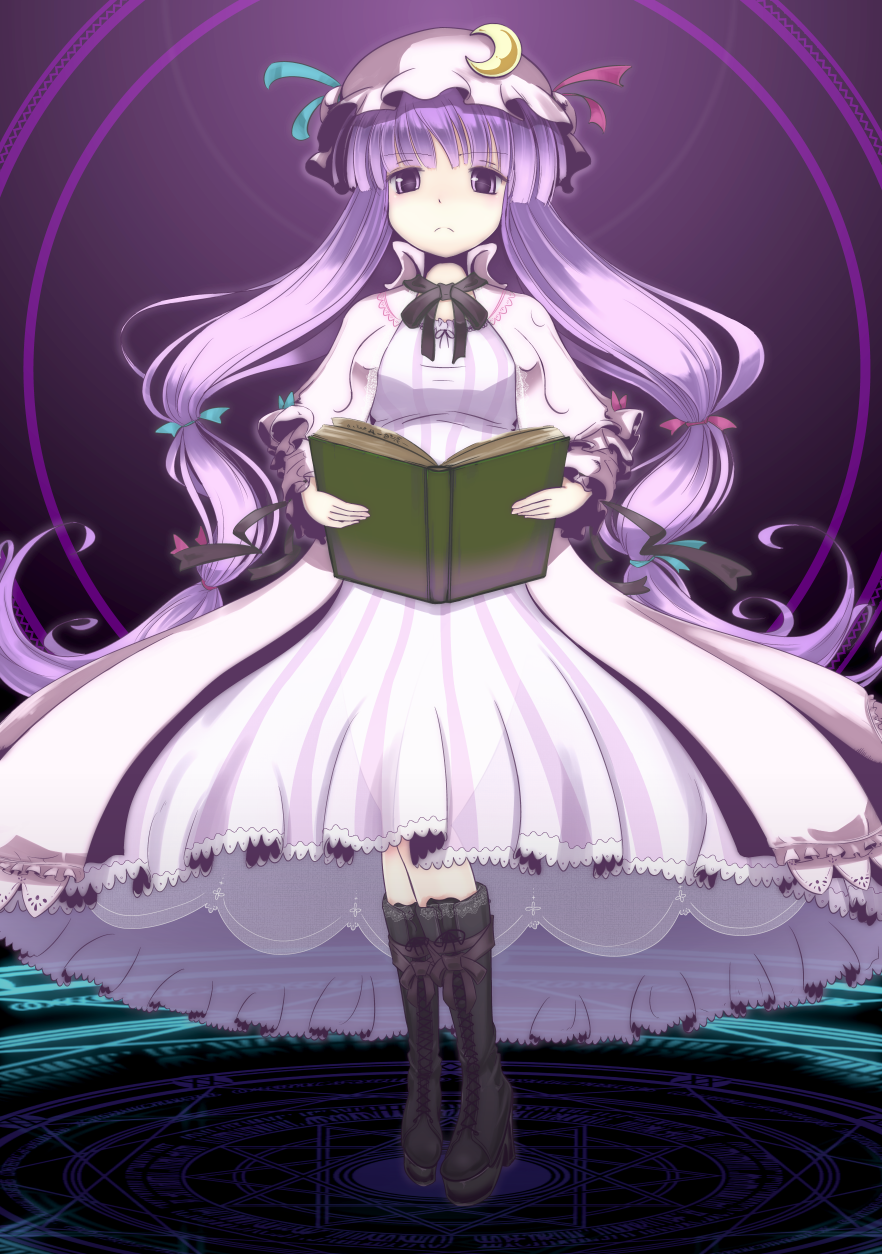 book boots breasts crescent cross-laced_footwear dress frown hair_ribbon hat highres lace-up_boots long_hair magic_circle medium_breasts patchouli_knowledge purple_eyes purple_hair ribbon solo touhou yukihiko_(sky_sleep)