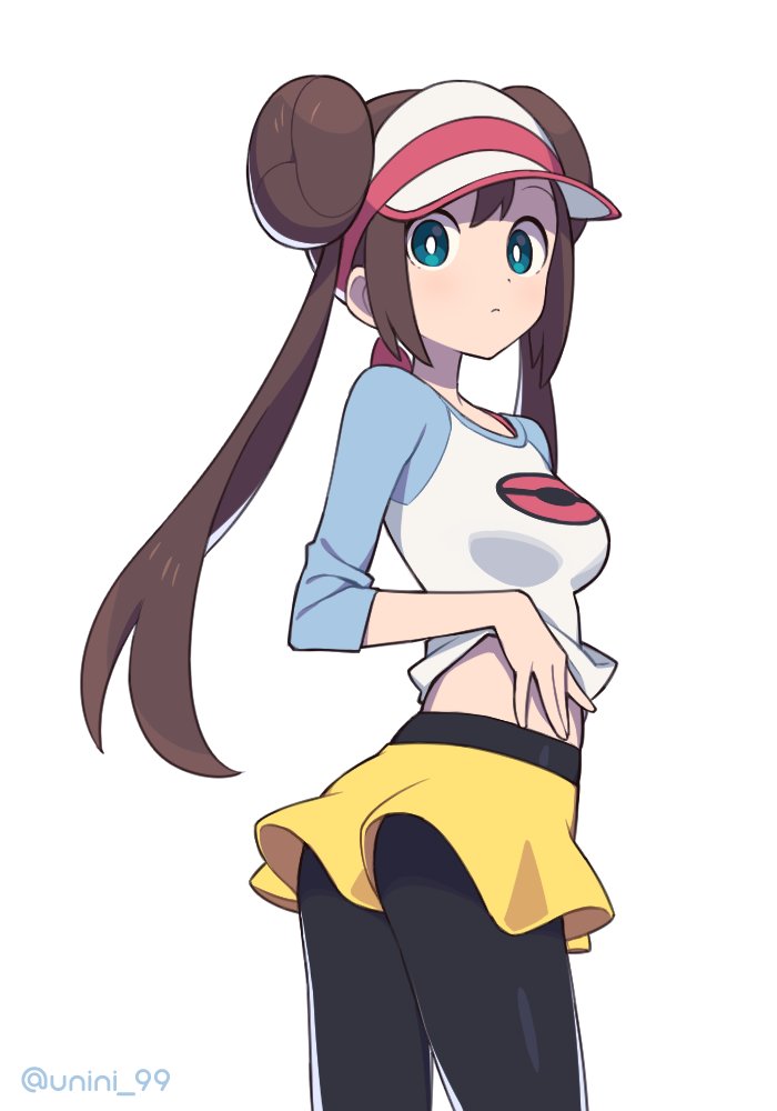 1girl agata_(agatha) bangs black_legwear blue_eyes breasts bright_pupils brown_hair closed_mouth creatures_(company) double_bun frown game_freak lifted_by_self long_hair looking_at_viewer medium_breasts mei_(pokemon) nintendo pantyhose pantyhose_under_shorts pokemon pokemon_(game) pokemon_bw2 raglan_sleeves shirt shirt_lift shorts simple_background sleeves_past_elbows solo twintails twitter_username visor_cap white_background white_pupils yellow_shorts