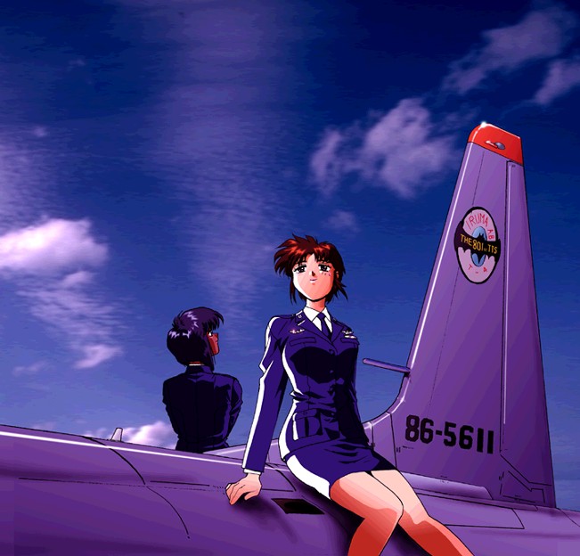 90s aozora_shoujotai artist_request cloud haneda_miyuki japan_air_self-defense_force japan_self-defense_force military military_uniform mitaka_arisa multiple_girls pencil_skirt sitting skirt sky t-4 uniform