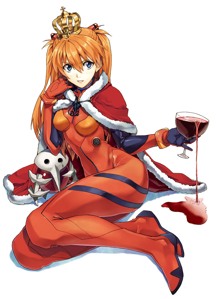 angel_(evangelion) blue_eyes breasts brown_hair cape crown cup drinking_glass full_body holding leaning_to_the_side long_hair looking_at_viewer luna_(reclaimed_land) medium_breasts neon_genesis_evangelion pinky_out plugsuit rebuild_of_evangelion red_wine sachiel shikinami_asuka_langley simple_background sitting solo souryuu_asuka_langley spilling white_background wine_glass