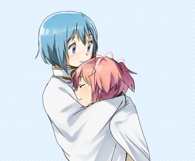 bad_id bad_pixiv_id blue_eyes blue_hair blush cape hair_ribbon hug kaname_madoka magical_girl mahou_shoujo_madoka_magica miki_sayaka multiple_girls pink_hair ribbon shared_cape shared_clothes short_hair short_twintails smile twintails yoplait