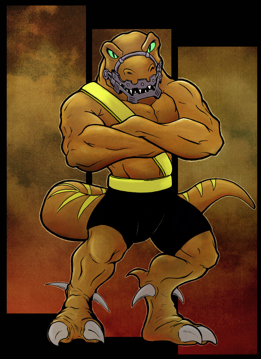 anthro armor bad_rap_(extreme_dinosaurs) belt biceps big_muscles brown_skin claws clothing crossed_arms dinosaur extreme_dinosaurs fangs green_eyes grin looking_at_viewer male muscles pecs pose raptor reptile ridleydupree scales scalie shorts solo standing teeth theropod toe_claws toned topless