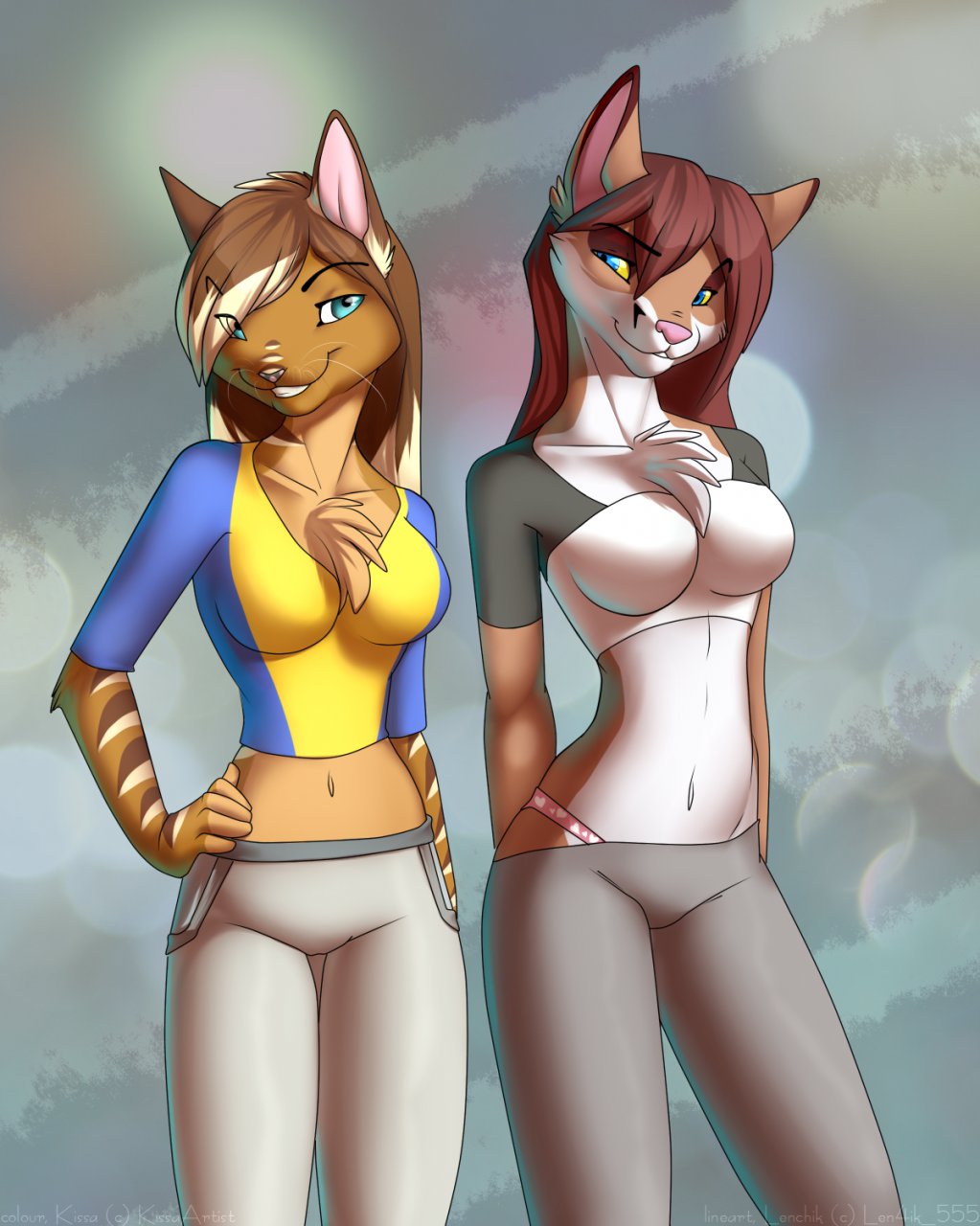 anthro blue_eyes brown_hair cat chest_tuft clothed clothing duo feline female fur hair kissa kissaartist lenchy lens_flare long_hair looking_at_viewer mammal navel skimpy thigh_gap tuft