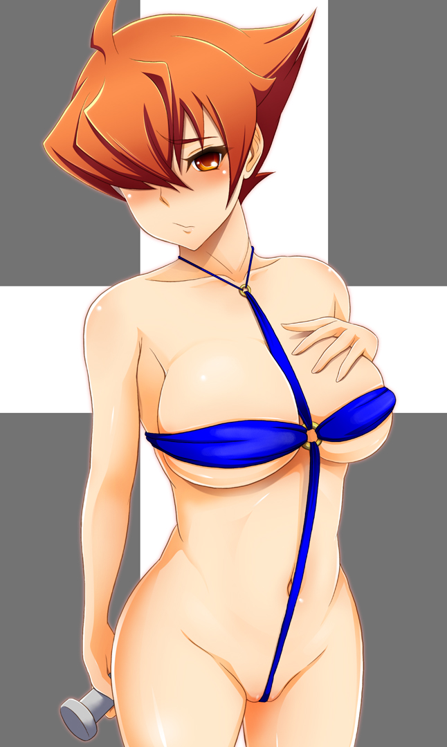 arcana_heart arcana_heart_3 blush breasts brown_eyes brown_hair cross_swimsuit elsa_la_conti groin hair_over_one_eye large_breasts short_hair solo swimsuit tomatto_(@ma!)