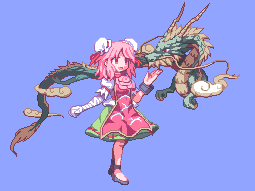 bad_id bad_pixiv_id bandages bun_cover cloud double_bun dragon dress eastern_dragon ibaraki_kasen kou_2008 lowres pink_hair pixel_art revision solo standing tabard touhou