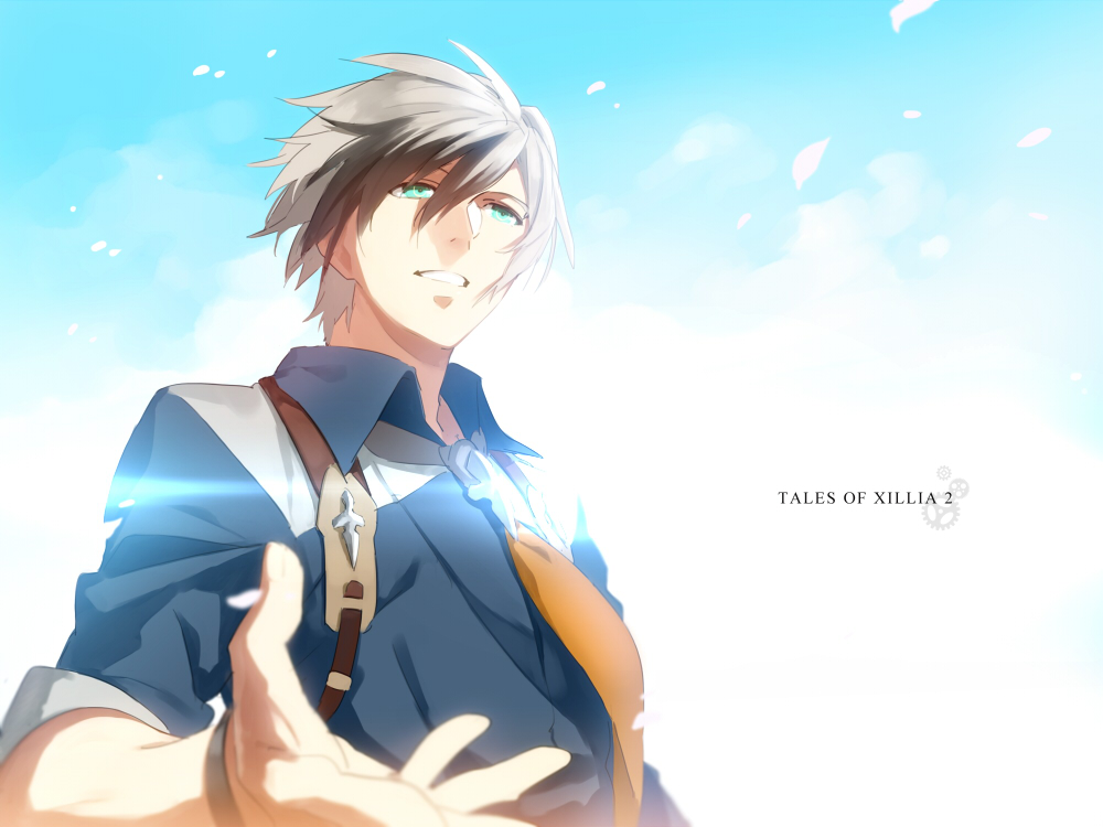 aqua_background bad_id bad_pixiv_id black_hair copyright_name green_eyes ludger_will_kresnik male_focus multicolored_hair necktie outstretched_hand shiramine_(srmn09) shirt smile solo tales_of_(series) tales_of_xillia tales_of_xillia_2 two-tone_hair white_hair