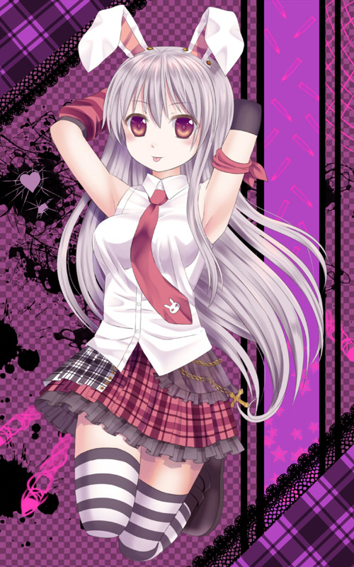 animal_ears armpits arms_up blush bunny_ears cross long_hair md5_mismatch necktie plaid plaid_skirt red_eyes red_neckwear reisen_udongein_inaba shirt silver_hair skirt sleeveless sleeveless_shirt solo striped striped_legwear thighhighs tongue tongue_out touhou tsukino_neru white_shirt