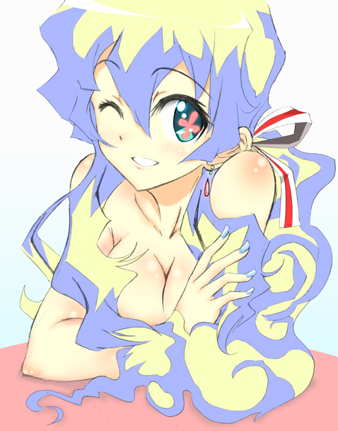 1girl blush breasts cleavage cloud_hair hairband large_breasts lich_(1597231) long_hair multicolored_hair nia_teppelin one_eye_closed shiny shiny_skin smile solo tengen_toppa_gurren_lagann topless two-tone_hair