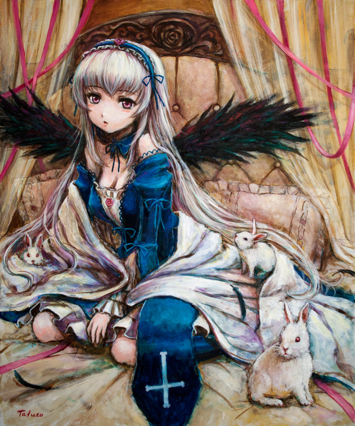 animal bed blanket blush bow breasts brown_rose bunny cleavage dress feathers flower frilled_pillow frills hairband long_hair medium_breasts pillow pink_eyes red_flower red_rose revision ribbon rose rozen_maiden sitting solo suigintou tafuto traditional_media wariza white_hair wings