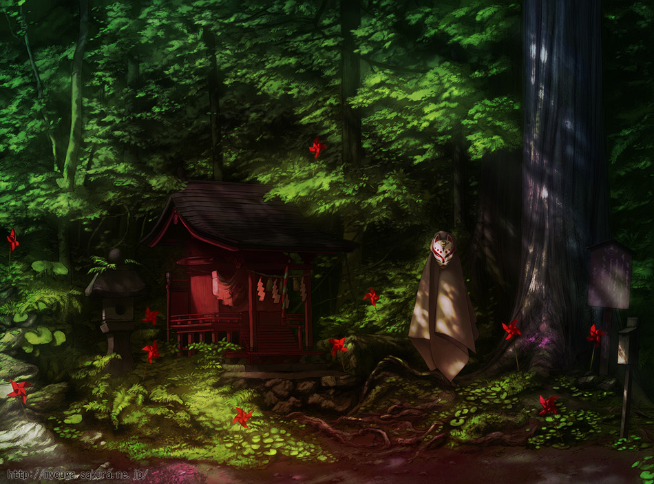 forest mask nature no_humans original scenery shrine solo stone_lantern takano_takao tree