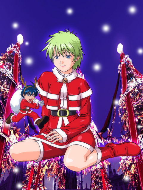 1girl aina_saharin blue_eyes boots christmas fukuoka_katsumi green_hair gundam gundam_08th_ms_team miniboy miniskirt mobile_suit_gundam sack santa_costume shiro_amada short_hair sitting skirt