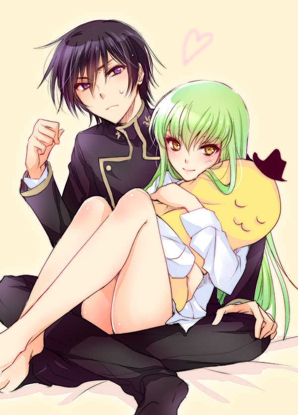 1girl :3 ashford_academy_uniform bangs black_hair black_pants blush c.c. cheese-kun clenched_hand code_geass frown green_hair hair_between_eyes hand_on_own_knee heart holding_stuffed_toy lelouch_lamperouge long_hair long_sleeves looking_at_viewer mizunomoto naked_shirt pants purple_eyes shirt short_hair sitting sitting_on_lap sitting_on_person smile stuffed_toy sweatdrop tan_background u_u white_shirt yellow_eyes