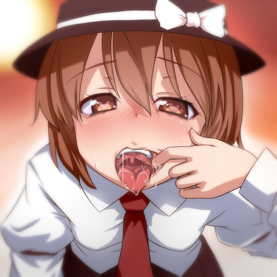 blush brown_hair face finger_in_mouth hands hat hat_ribbon heart heart-shaped_pupils looking_at_viewer mouth_pull necktie open_mouth oral_invitation ribbon saliva shirt solo symbol-shaped_pupils teeth tongue tongue_out tori_(minamopa) touhou usami_renko uvula white_shirt