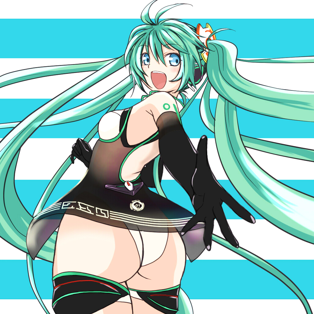 aqua_eyes ass elbow_gloves gloves goodsmile_company goodsmile_racing green_hair hatsune_miku leotard long_hair looking_back minazuki_itto open_mouth outstretched_arm race_queen racing_miku racing_miku_(2011) solo striped striped_background twintails very_long_hair vocaloid