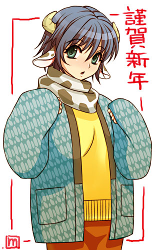 animal_ears animal_print blue_eyes blue_hair cow_ears cow_girl cow_horns cow_print happy_new_year horns japanese_clothes kimono lowres mo-mo new_year original scarf short_hair short_kimono solo sweater translated unmoving_pattern winter_clothes