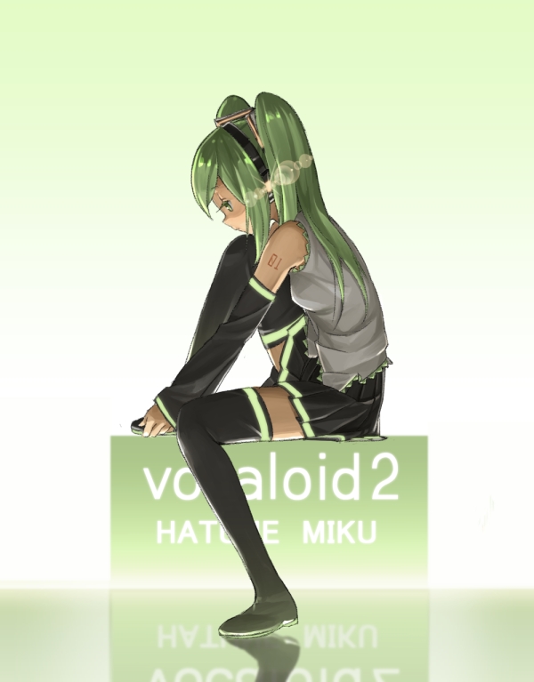 bad_id bad_pixiv_id boots character_name copyright_name detached_sleeves domo1220 full_body gradient gradient_background green_background green_eyes green_hair hatsune_miku headphones long_hair necktie sitting skirt solo thigh_boots thighhighs vocaloid white_background