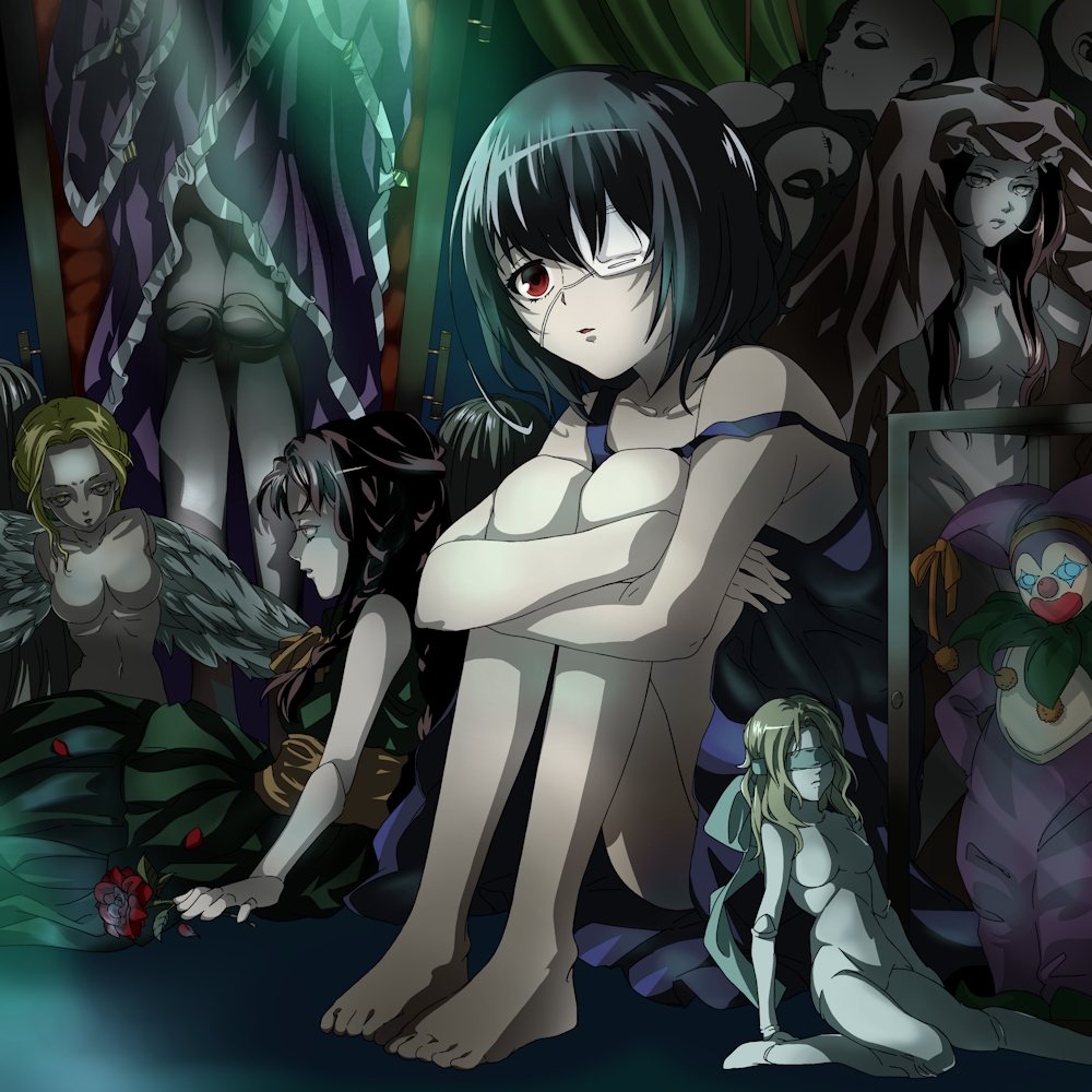 another bad_id bad_pixiv_id barefoot black_(pixiv) black_hair blindfold blonde_hair braid breasts brown_hair cleavage clown doll doll_joints dress eyepatch flower leg_hug legs long_hair marionette medium_breasts misaki_mei no_arms no_nipples puppet red_eyes rose short_hair sitting solo strap_slip twin_braids twintails wings