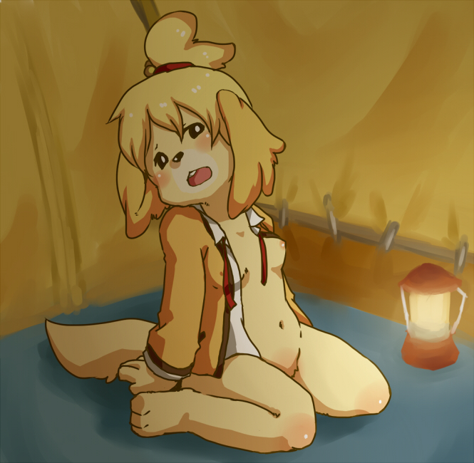 animal_ears artist_request barefoot blush bottomless breasts canine dog doubutsu_no_mori feet female furry isabelle_(animal_crossing) lamp mammal nintendo nipples paws shizue_(animal_crossing) shizue_(doubutsu_no_mori) small_breasts solo tail tent toes unknown_artist video_games