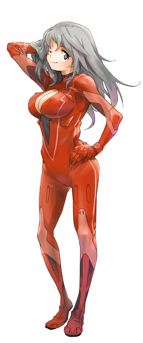 arm_up bodysuit breasts cleavage grey_eyes grey_hair hand_on_hip large_breasts long_hair nansui_kinoko one_eye_closed original simple_background smile solo white_background