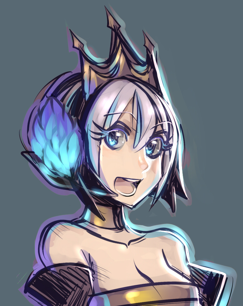 bare_shoulders blue_eyes breasts choker cleavage crown elbow_gloves eyelashes gloves gwendolyn hair_ornament maniacpaint medium_breasts odin_sphere short_hair silver_hair simple_background solo upper_body valkyrie